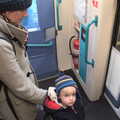 Isobel and Harry in a Mark 3 vestibule, The Mobile Train Office, Diss to London - 5th March 2015