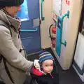 Isobel and Harry in a Mark 3 vestibule, The Mobile Train Office, Diss to London - 5th March 2015