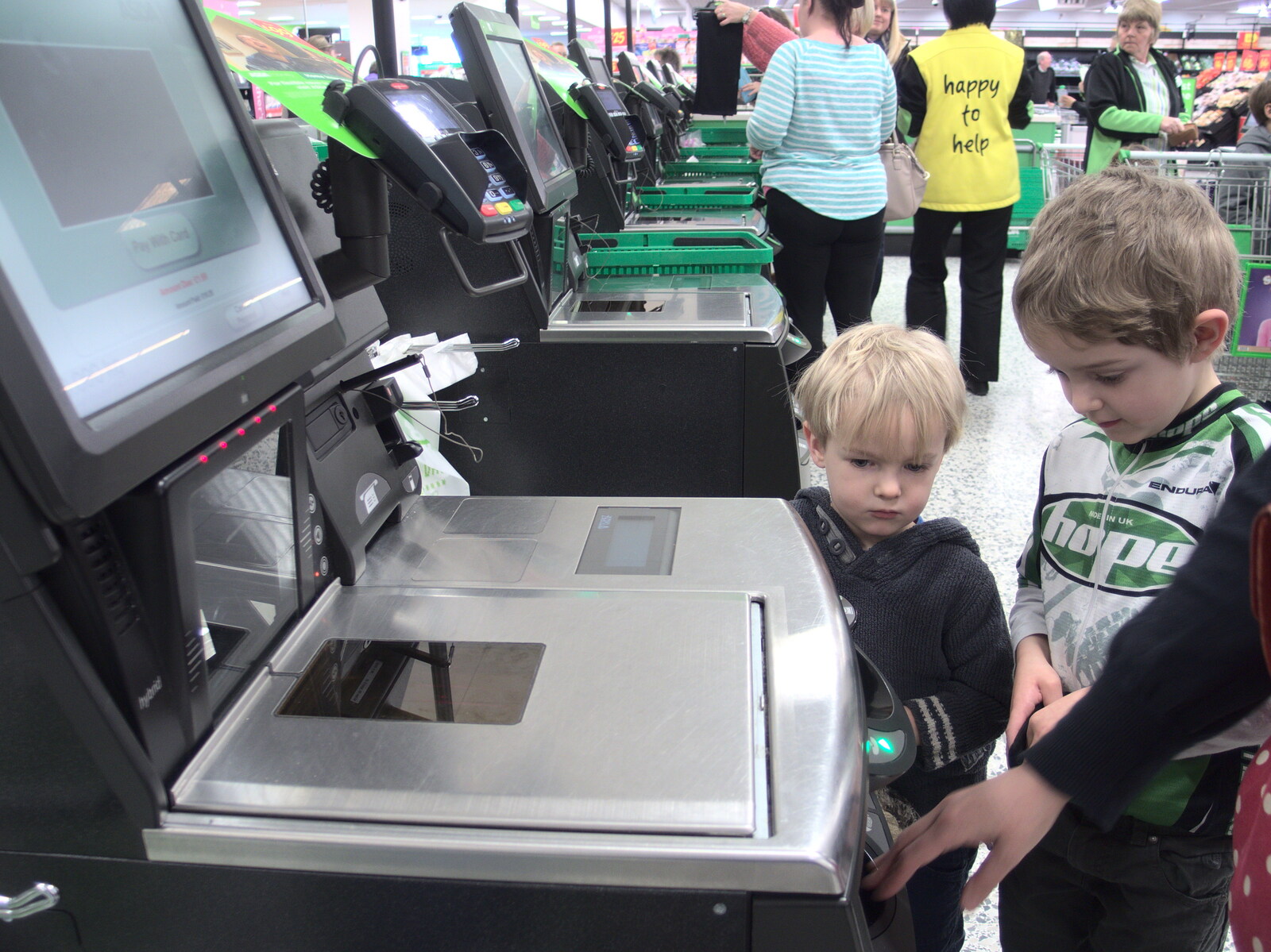 Harry and Fred at the self checkout in Asda from A Crashed Car and Greenhouse Demolition, Brome, Suffolk - 20th March 2015