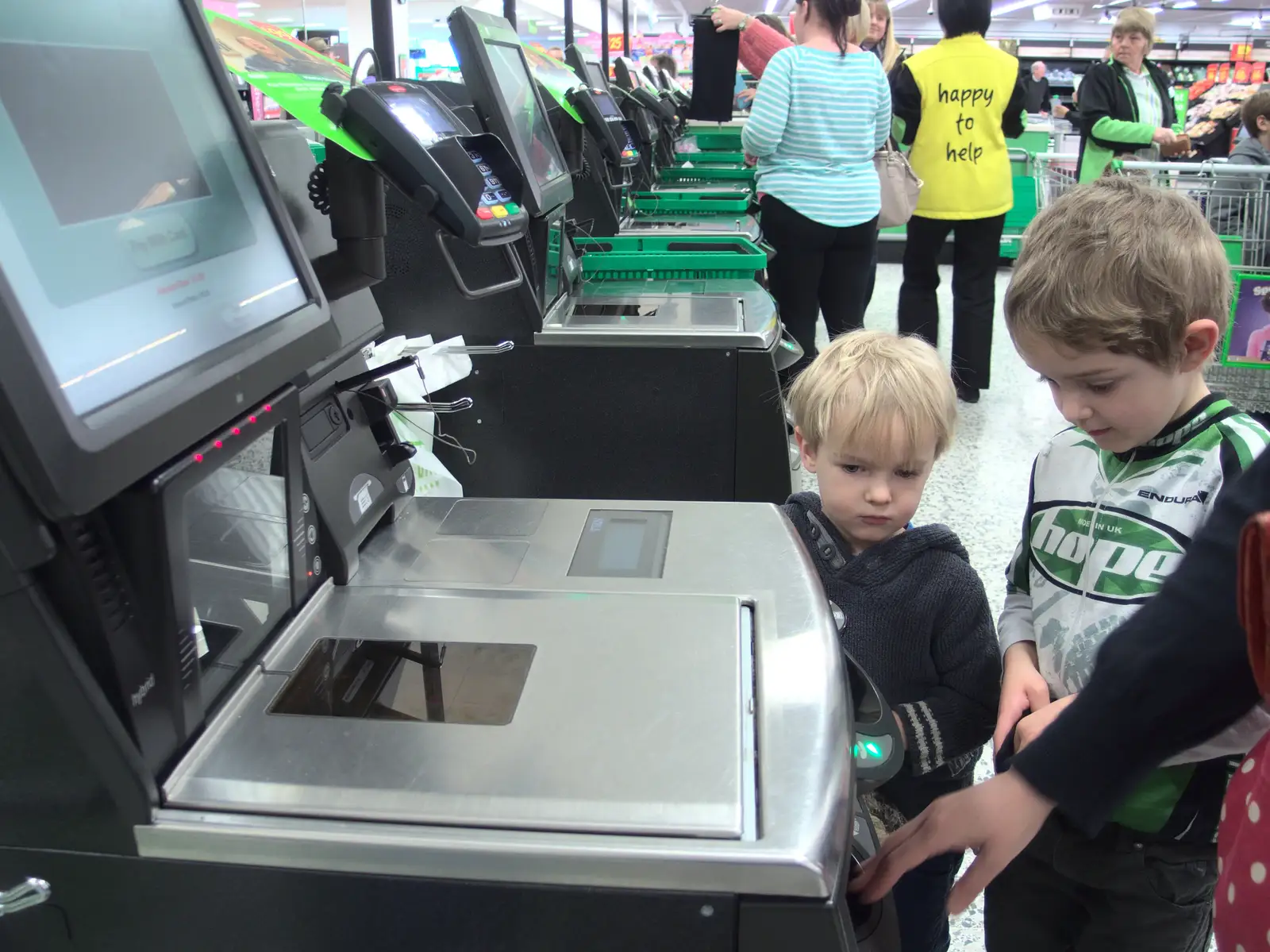 Harry and Fred at the self checkout in Asda, from A Crashed Car and Greenhouse Demolition, Brome, Suffolk - 20th March 2015