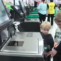 Harry and Fred at the self checkout in Asda, A Crashed Car and Greenhouse Demolition, Brome, Suffolk - 20th March 2015