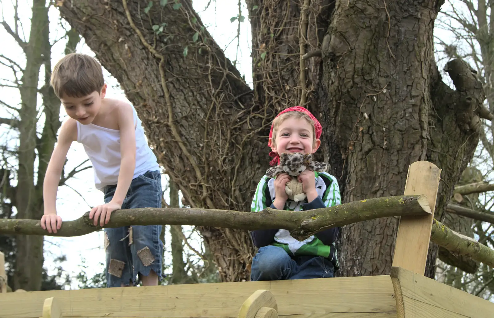 Fred's got Francis the class-mascot Owl, from A Crashed Car and Greenhouse Demolition, Brome, Suffolk - 20th March 2015