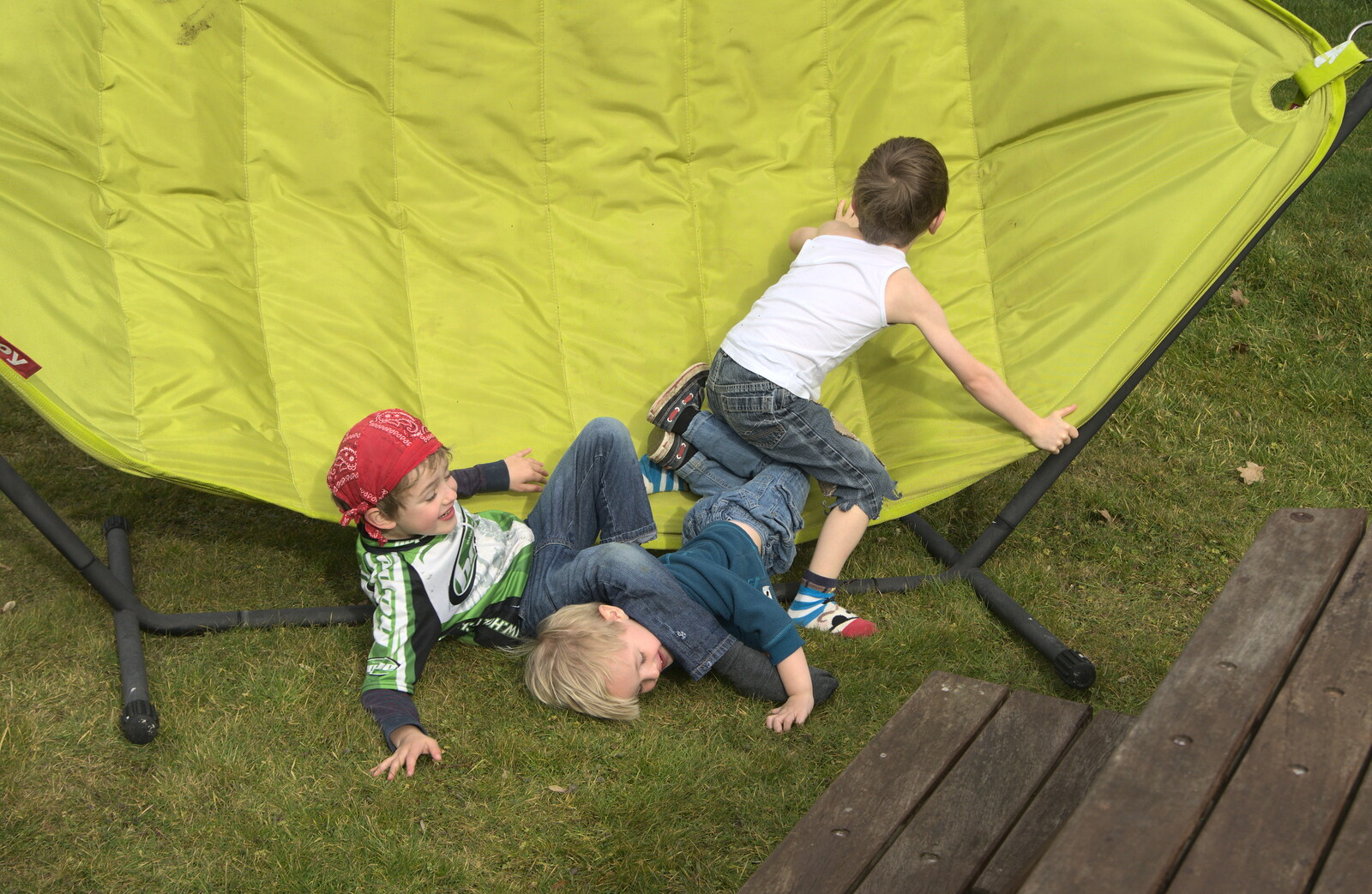 The boys pile off a hammock from A Crashed Car and Greenhouse Demolition, Brome, Suffolk - 20th March 2015