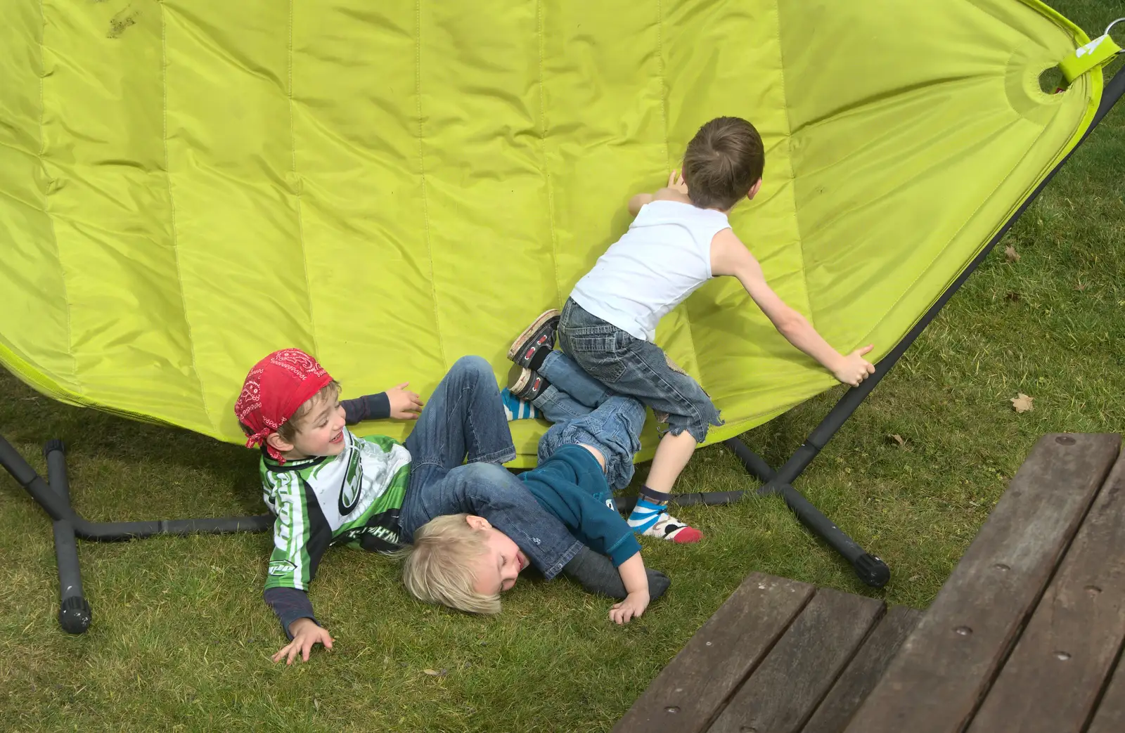 The boys pile off a hammock, from A Crashed Car and Greenhouse Demolition, Brome, Suffolk - 20th March 2015