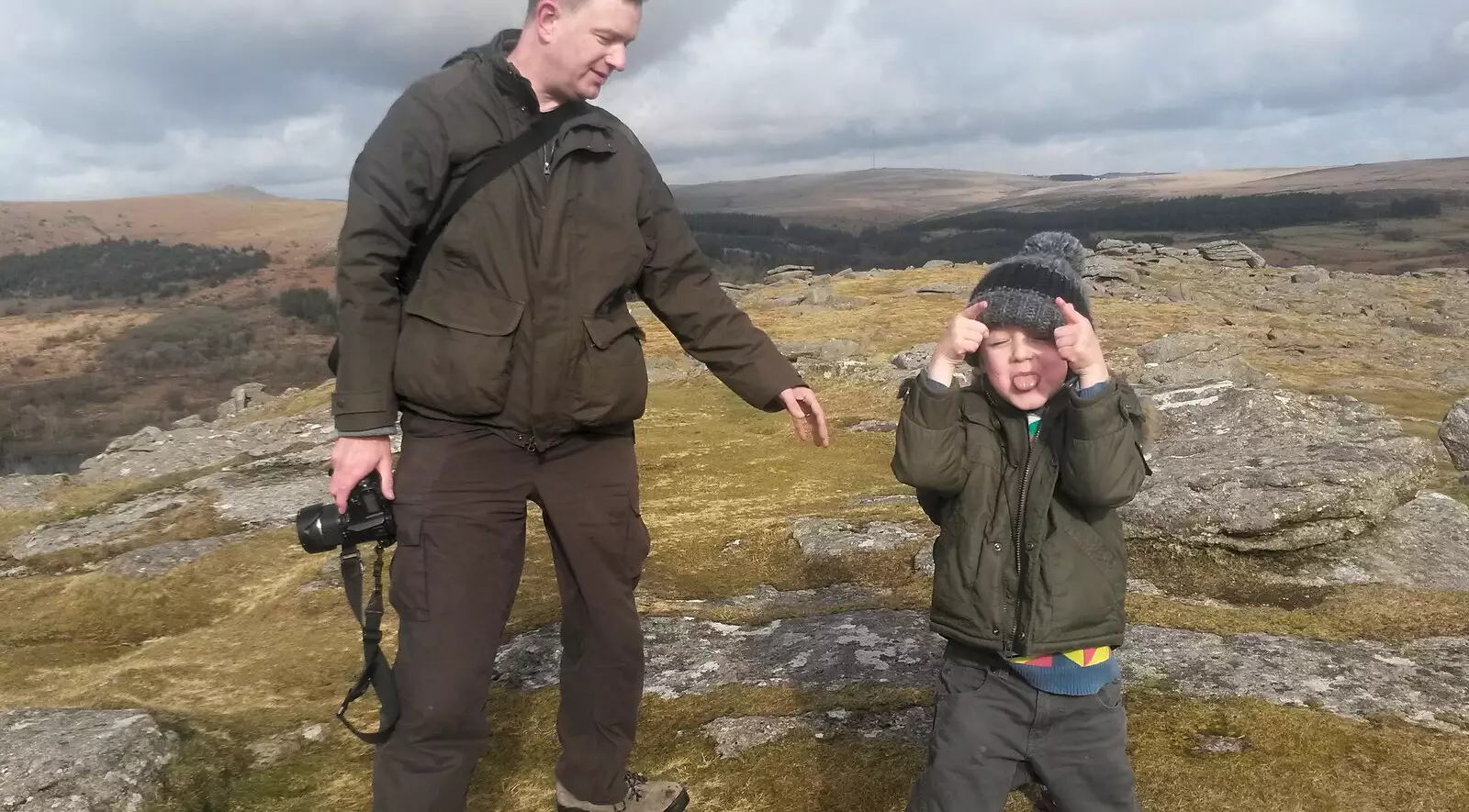 Nosher and Fred on a Dartmoor tor, from A Crashed Car and Greenhouse Demolition, Brome, Suffolk - 20th March 2015