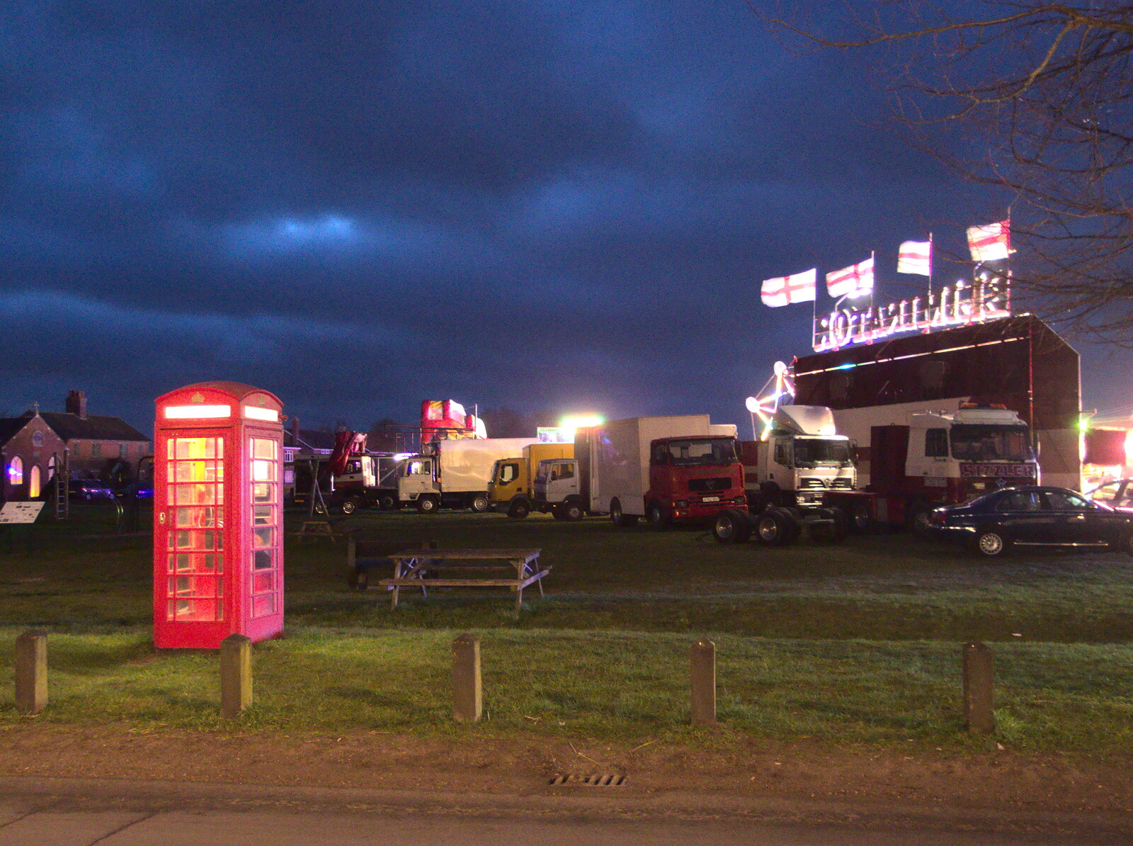 K6 phone box and the fair on Fair Green from The Last Day of Pre-School and Beer at the Trowel and Hammer, Cotton, Suffolk - 29th March 2015