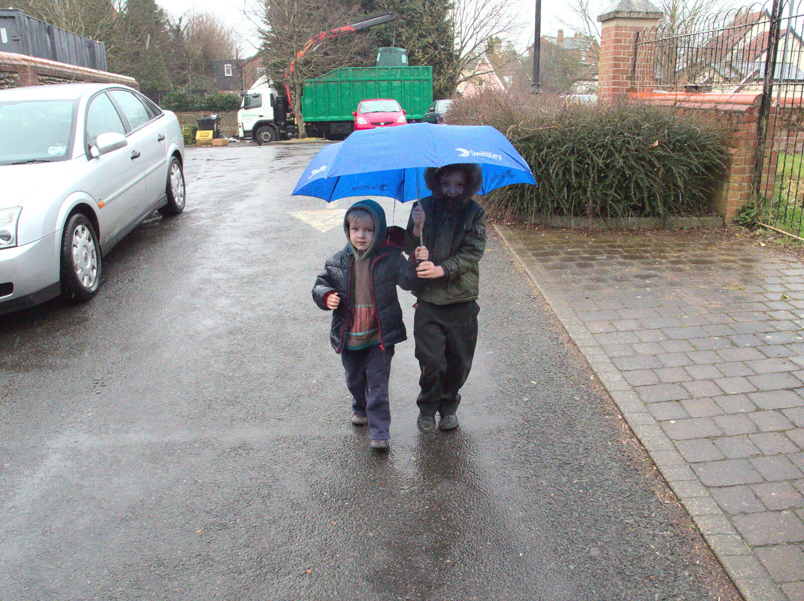 Harry and Fred under an umbrella from The Last Day of Pre-School and Beer at the Trowel and Hammer, Cotton, Suffolk - 29th March 2015