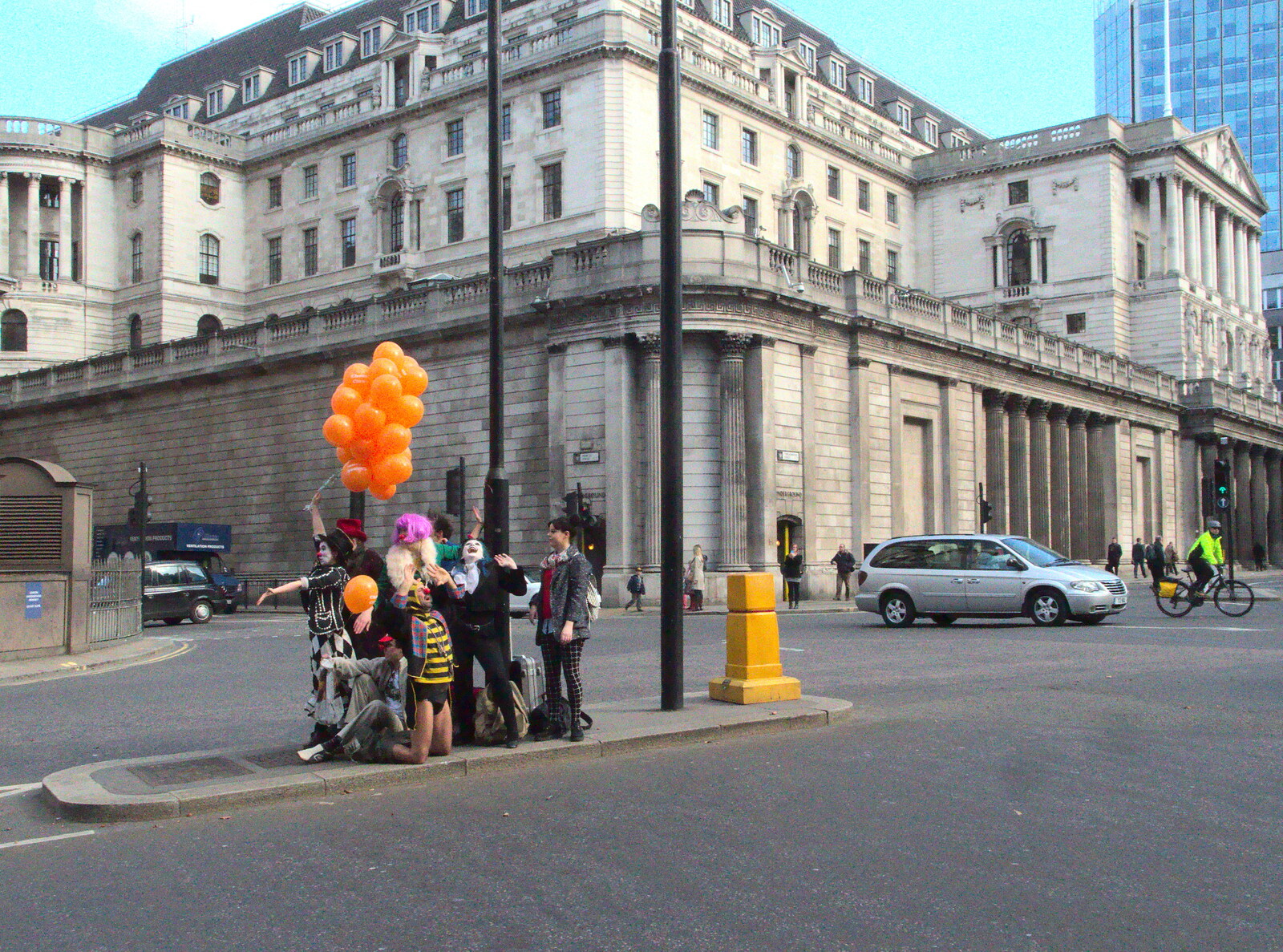 The circus group perform outside the Bank of England from The Last Day of Pre-School and Beer at the Trowel and Hammer, Cotton, Suffolk - 29th March 2015