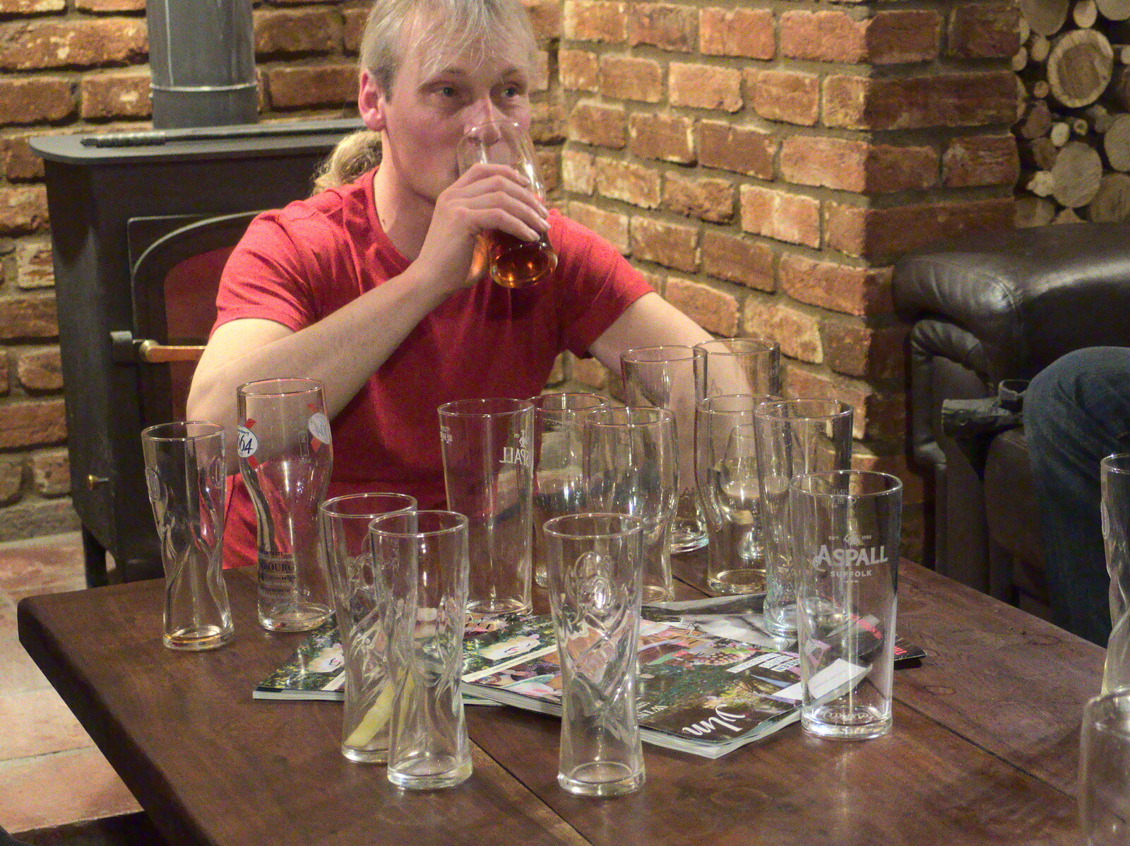 Jimmy and an impressive stash of glasses from The Last Day of Pre-School and Beer at the Trowel and Hammer, Cotton, Suffolk - 29th March 2015