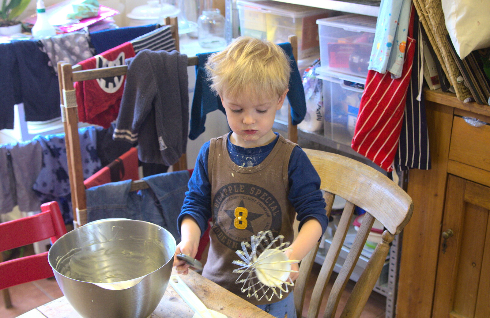 Harry 'helps' to make a cake from The Last Day of Pre-School and Beer at the Trowel and Hammer, Cotton, Suffolk - 29th March 2015