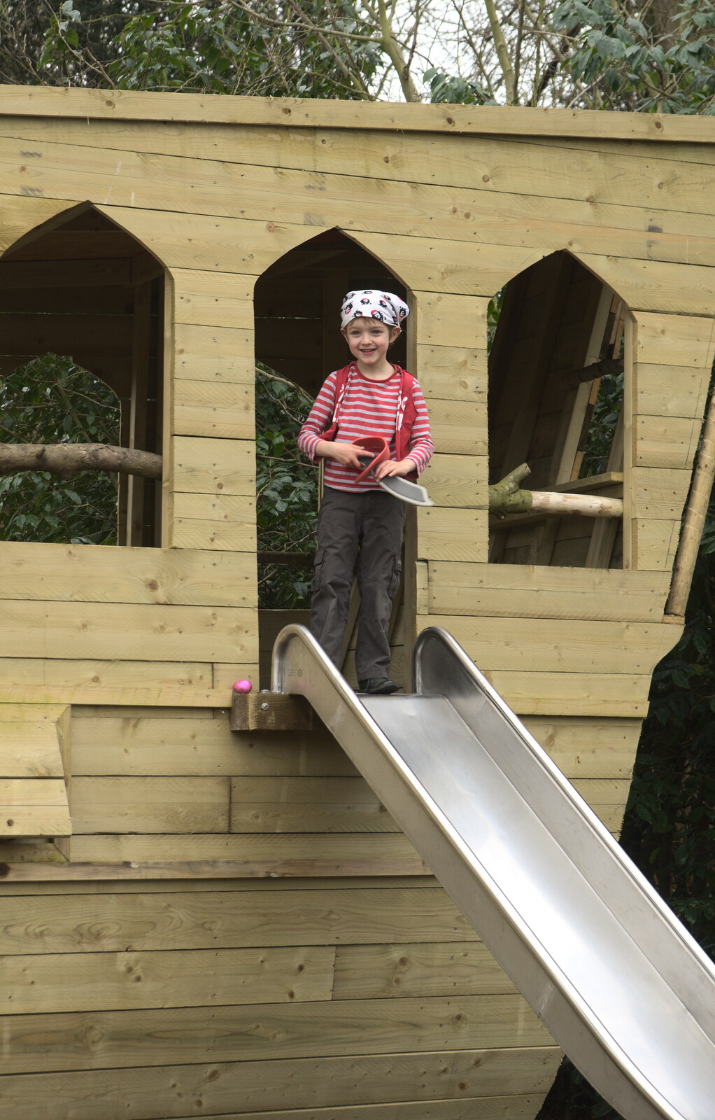 Fred at the top of the slide from The Launching of the Jolly Conkerer, The Oaksmere, Brome, Suffolk - 3rd April 2015