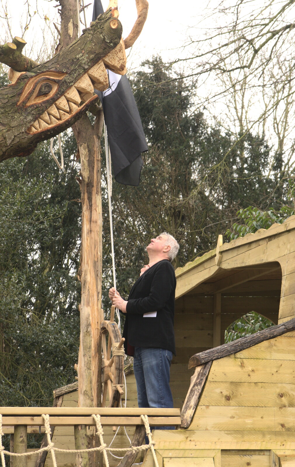Frazer hoists the pirate flag from The Launching of the Jolly Conkerer, The Oaksmere, Brome, Suffolk - 3rd April 2015