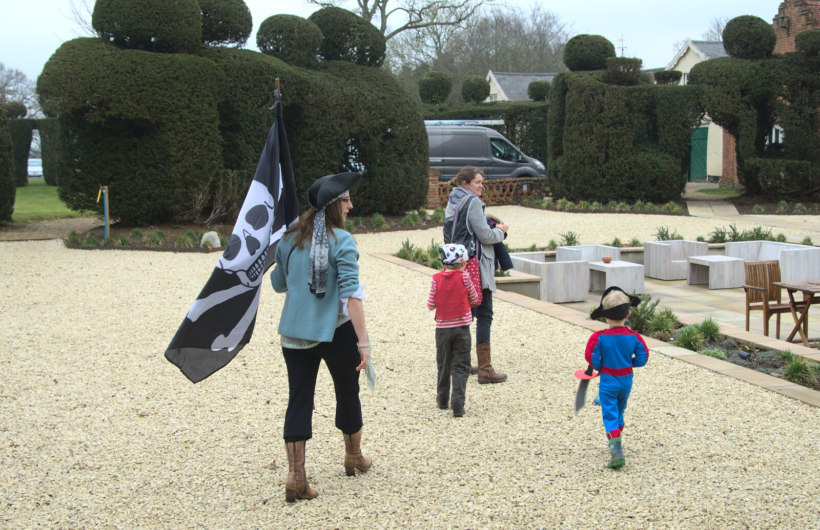 We head off, with Suey and the flag from The Launching of the Jolly Conkerer, The Oaksmere, Brome, Suffolk - 3rd April 2015
