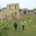 Harry and Fred run down to Dunwich Priory, A Day on the Beach, Dunwich, Suffolk - 6th April 2015