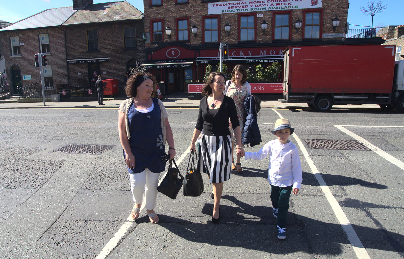Fred and the sisters cross the road from James and Haryanna's Wedding, Grand Canal Dock, Dublin - 15th April 2015