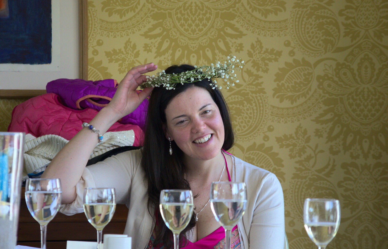 Trying on Lua's flower-crown for size from James and Haryanna's Wedding, Grand Canal Dock, Dublin - 15th April 2015