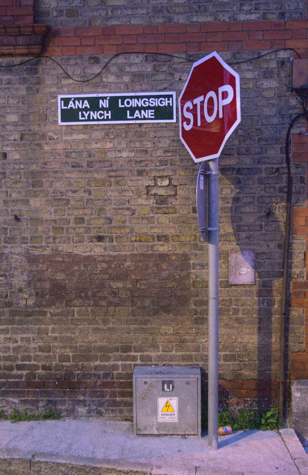 Stop sign on Lynch Lane from Temple Bar and Dun Laoghaire, Dublin, Ireland - 16th April 2015