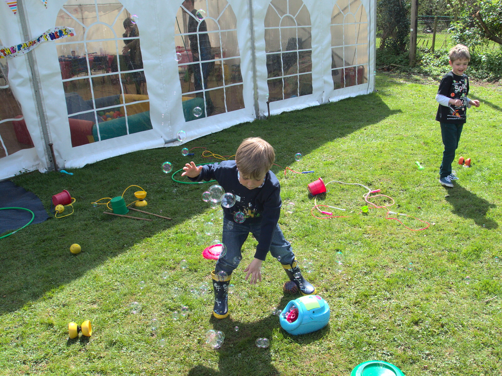 Henry's on the bubble machine from Making Dens: Rosie's Birthday, Thornham, Suffolk - 25th April 2015