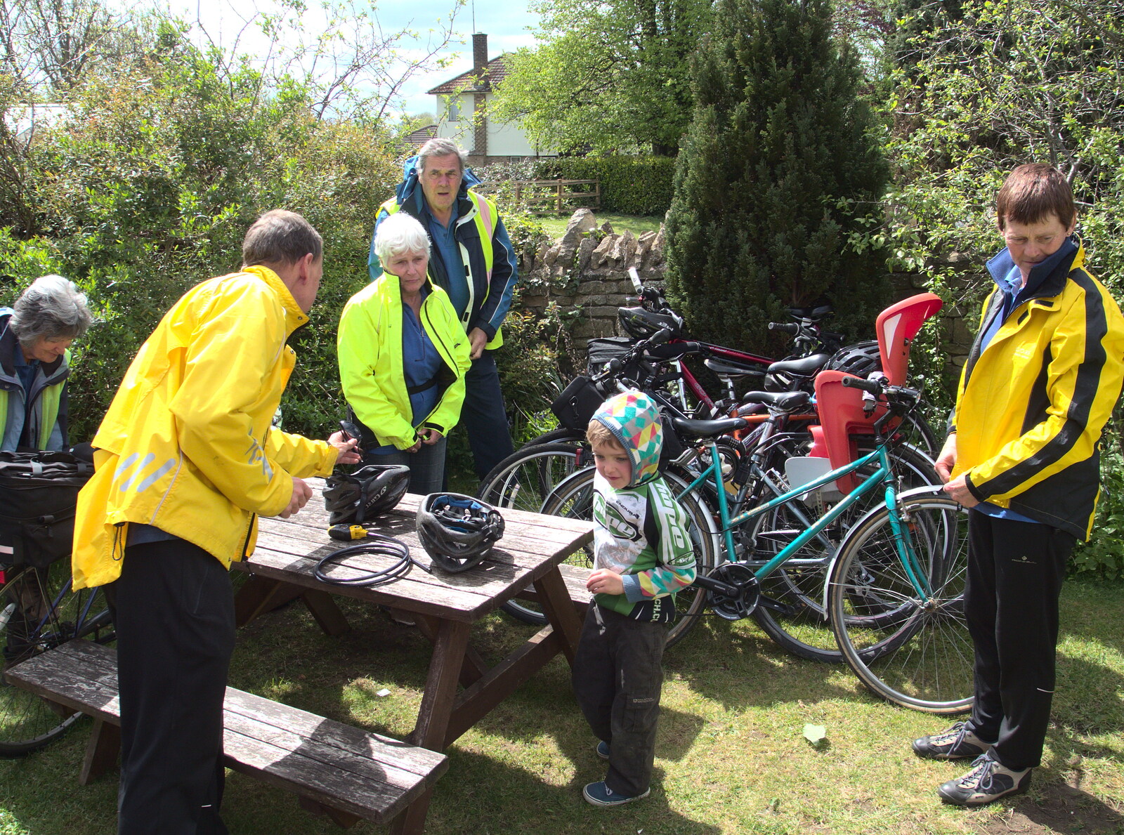 A pile of bikes in a beer garden from The BSCC Weekend Away, Lyddington, Rutland - 9th May 2015