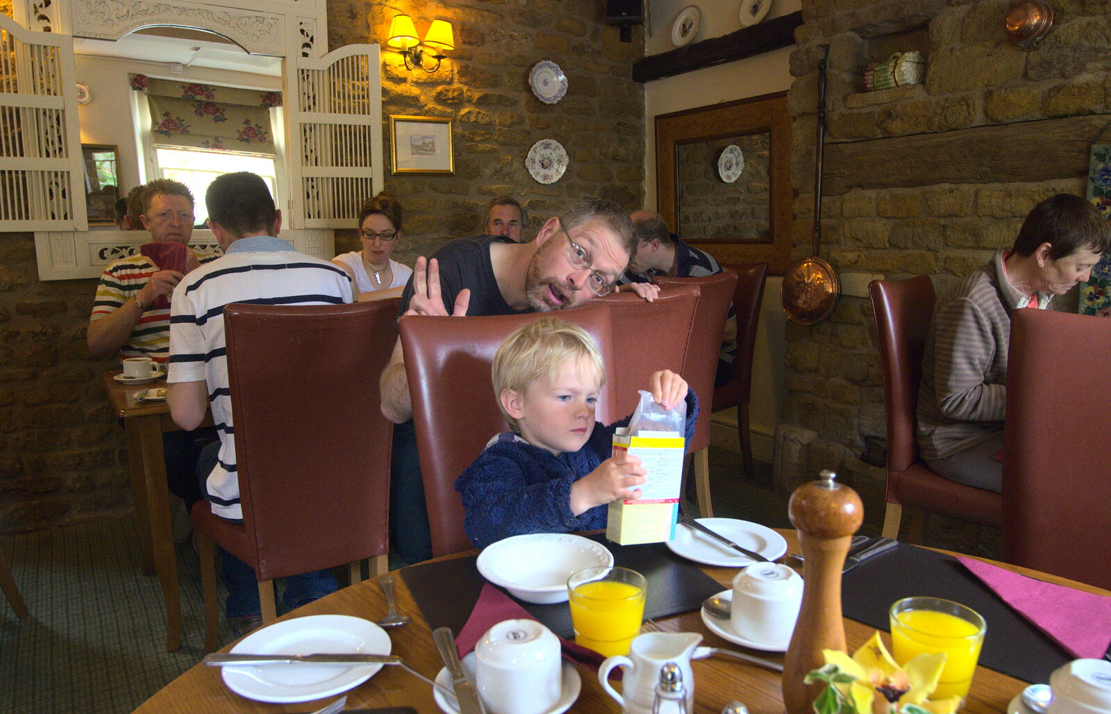 Marc photo-bombs Harry at breakfast from The BSCC Weekend Away, Lyddington, Rutland - 9th May 2015