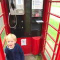 Harry tries out a phone box for the first time, The BSCC Weekend Away, Lyddington, Rutland - 9th May 2015