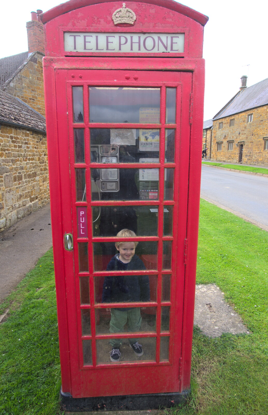 Harry in the K6 phonebox from The BSCC Weekend Away, Lyddington, Rutland - 9th May 2015