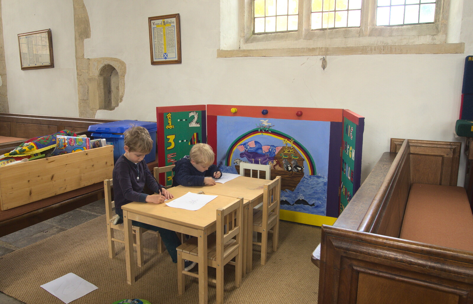 The boys do some drawing in the church from The BSCC Weekend Away, Lyddington, Rutland - 9th May 2015