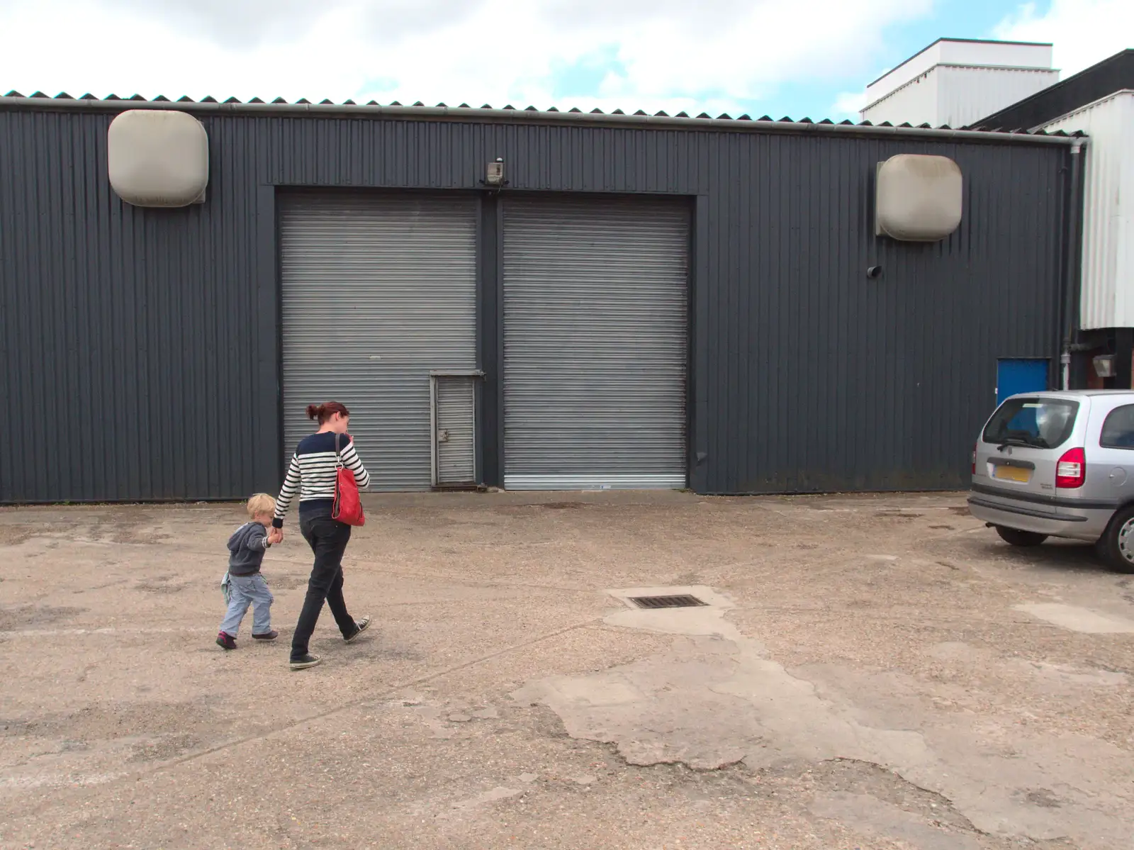 Harry and Isobel by the former heatset print shed, from A Derelict Petrol Station, Palgrave, Suffolk - 16th May 2015