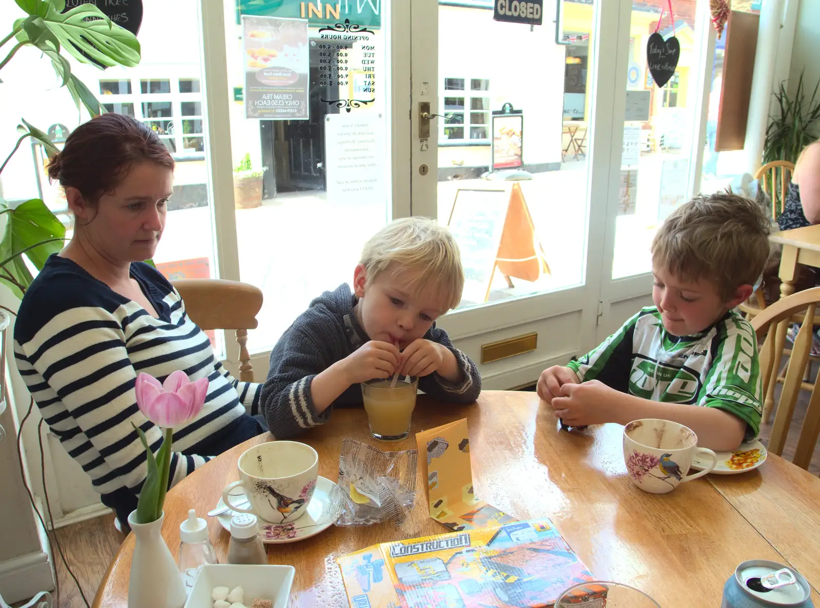 Isobel, Harry and Fred in Sophie's Café, Diss, from A Derelict Petrol Station, Palgrave, Suffolk - 16th May 2015