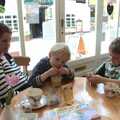 Isobel, Harry and Fred in Sophie's Café, Diss, A Derelict Petrol Station, Palgrave, Suffolk - 16th May 2015