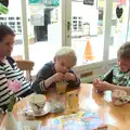 Isobel, Harry and Fred in Sophie's Café, Diss, A Derelict Petrol Station, Palgrave, Suffolk - 16th May 2015