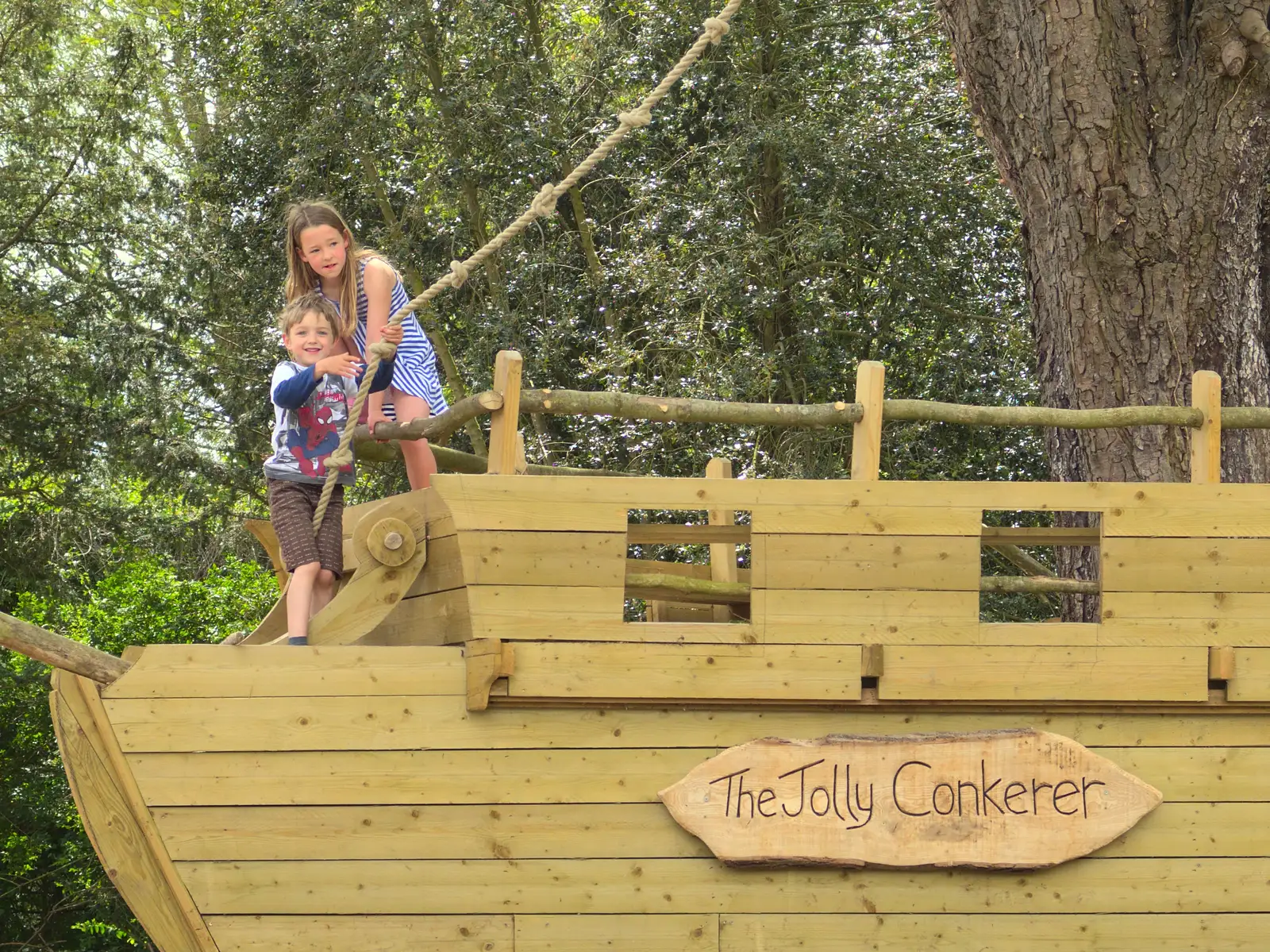 Fred gets ready to swing off the pirate ship, from A Derelict Petrol Station, Palgrave, Suffolk - 16th May 2015