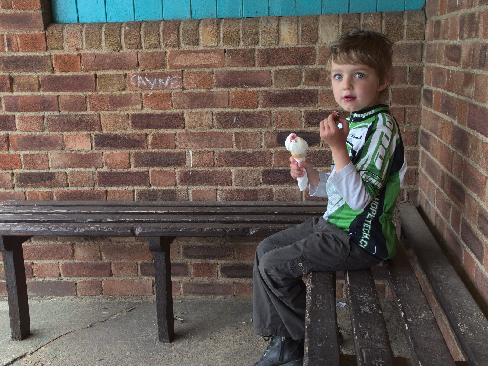 Fred eats his ice cream in a cliff-top shelter from A Birthday Camping Trip, East Runton, North Norfolk - 26th May 2015