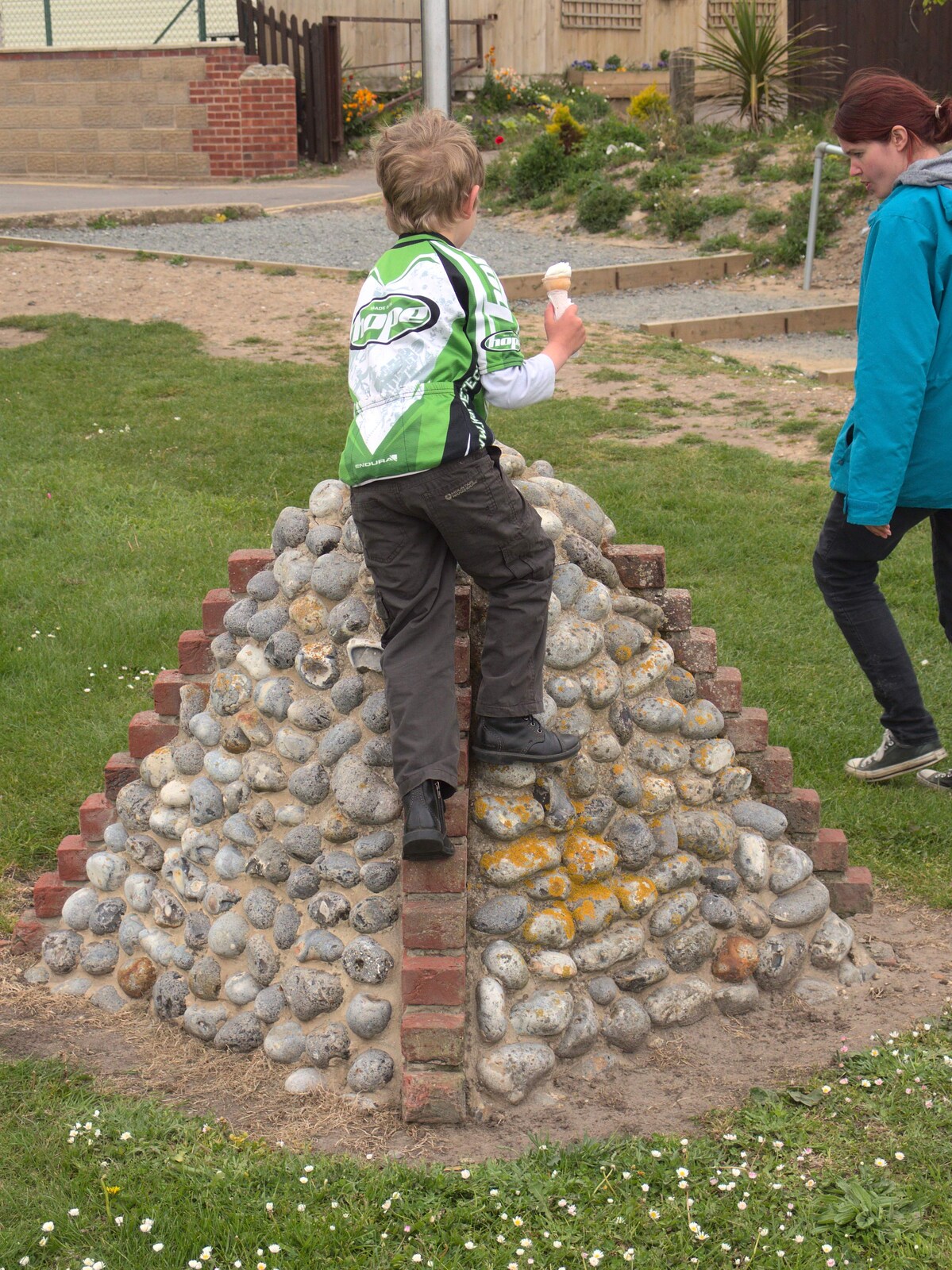 Fred climbs a flagpole base from A Birthday Camping Trip, East Runton, North Norfolk - 26th May 2015