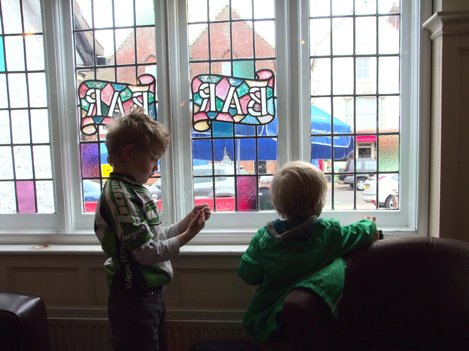 The boys hang out by the window from A Birthday Camping Trip, East Runton, North Norfolk - 26th May 2015