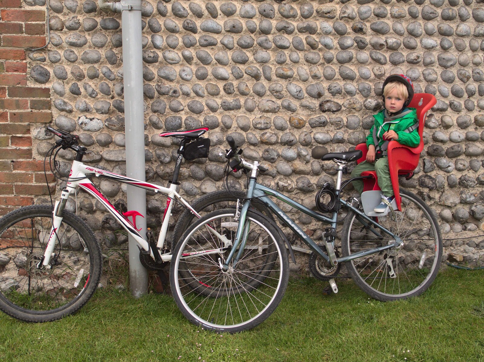 Harry looks a bit folorn in his bike seat from A Birthday Camping Trip, East Runton, North Norfolk - 26th May 2015