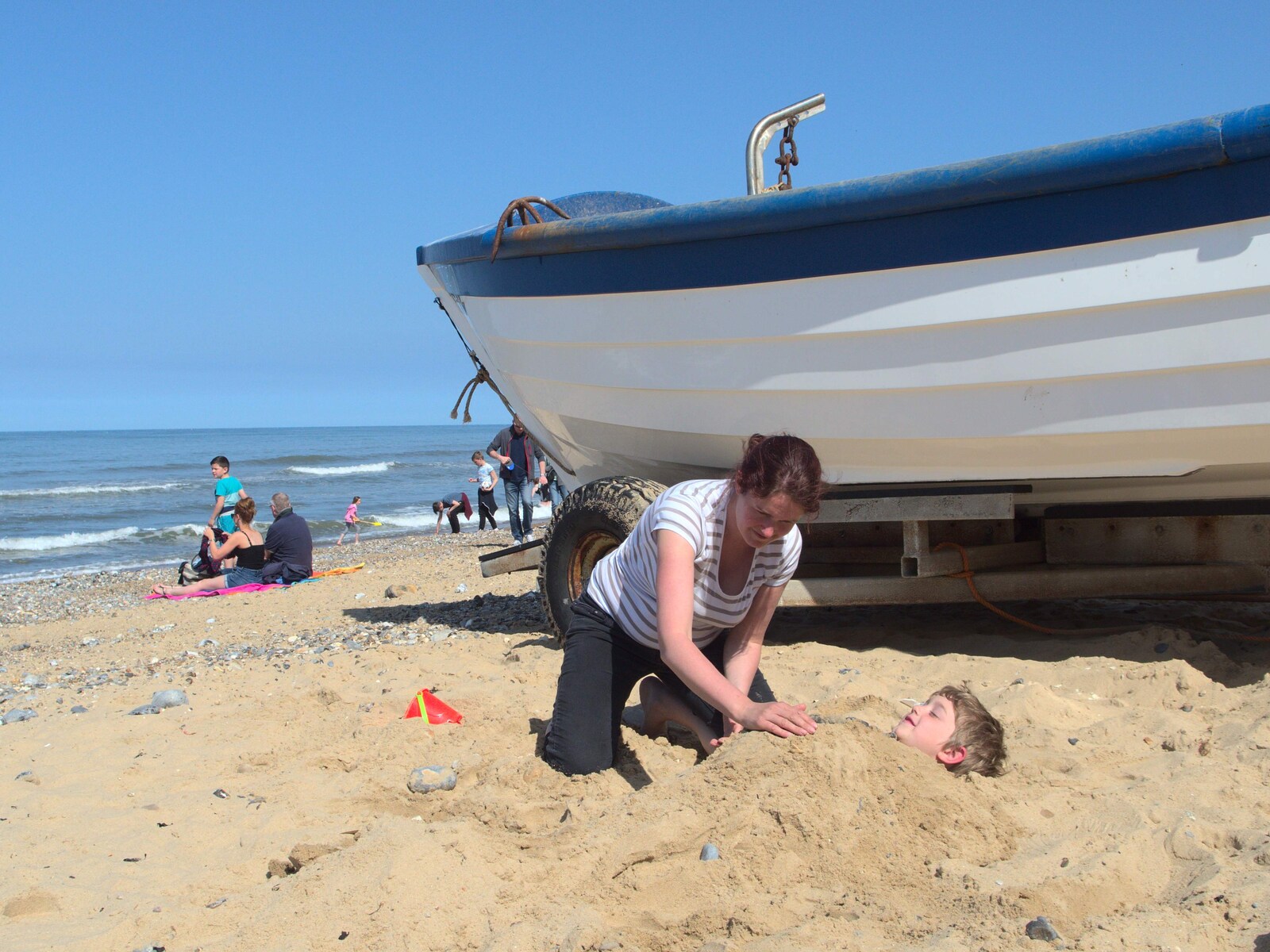 Isobel finishes Fred's sand sarcophagus from A Birthday Camping Trip, East Runton, North Norfolk - 26th May 2015