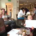 Fred holds up one of his drawings in the pub, A Birthday Camping Trip, East Runton, North Norfolk - 26th May 2015