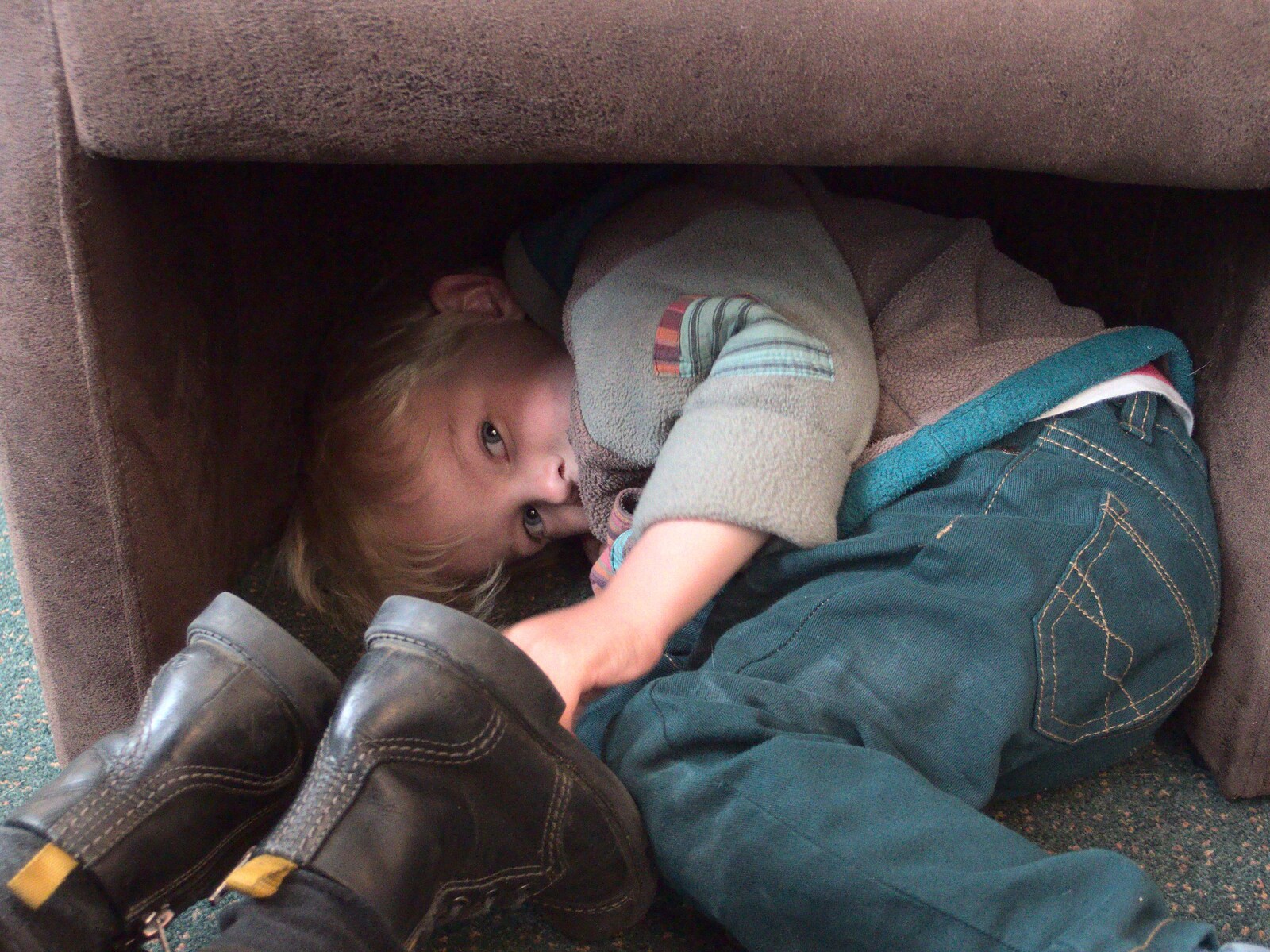 Harry hides under a chair from A Birthday Camping Trip, East Runton, North Norfolk - 26th May 2015