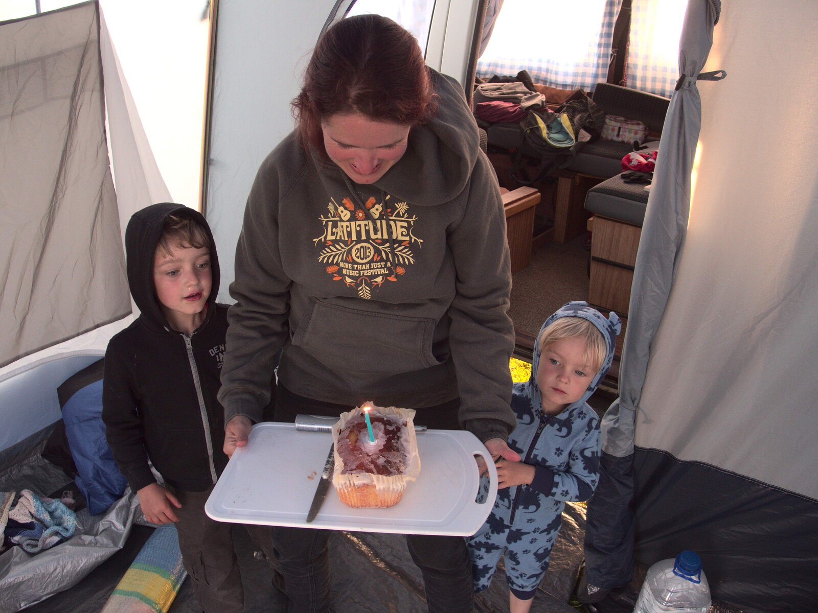 Isobel and the boys bring out a birthday cake from A Birthday Camping Trip, East Runton, North Norfolk - 26th May 2015