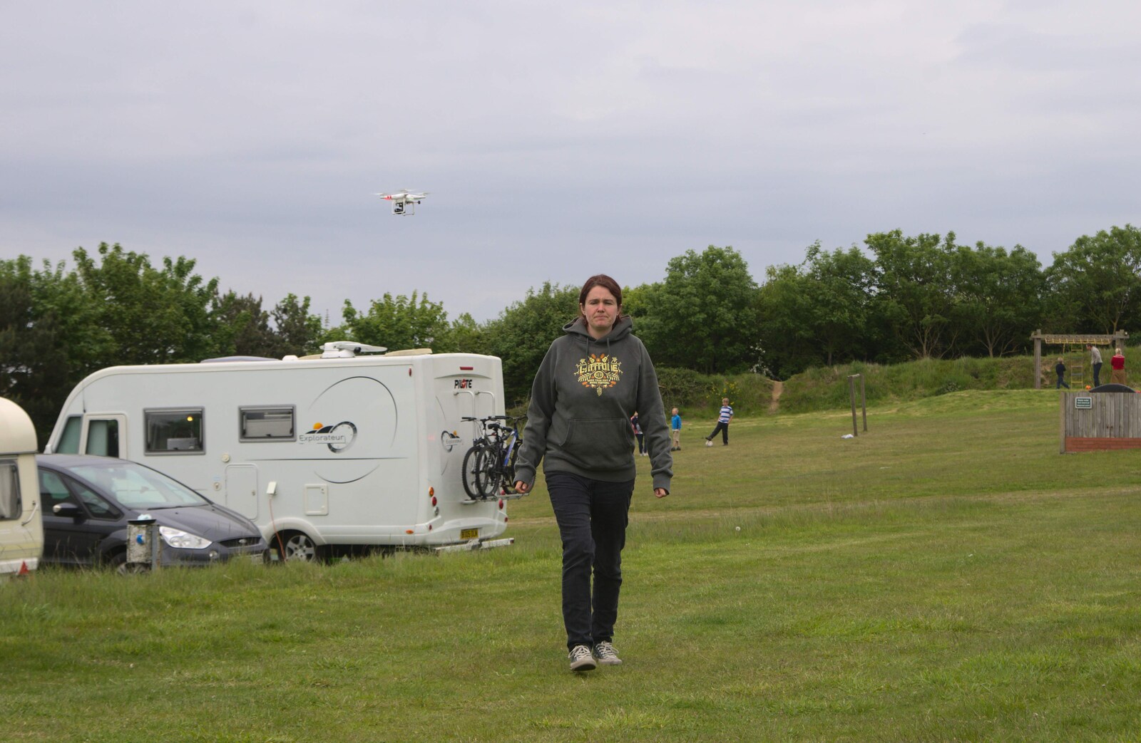 Isobel walks back, as a drone flies around from A Birthday Camping Trip, East Runton, North Norfolk - 26th May 2015