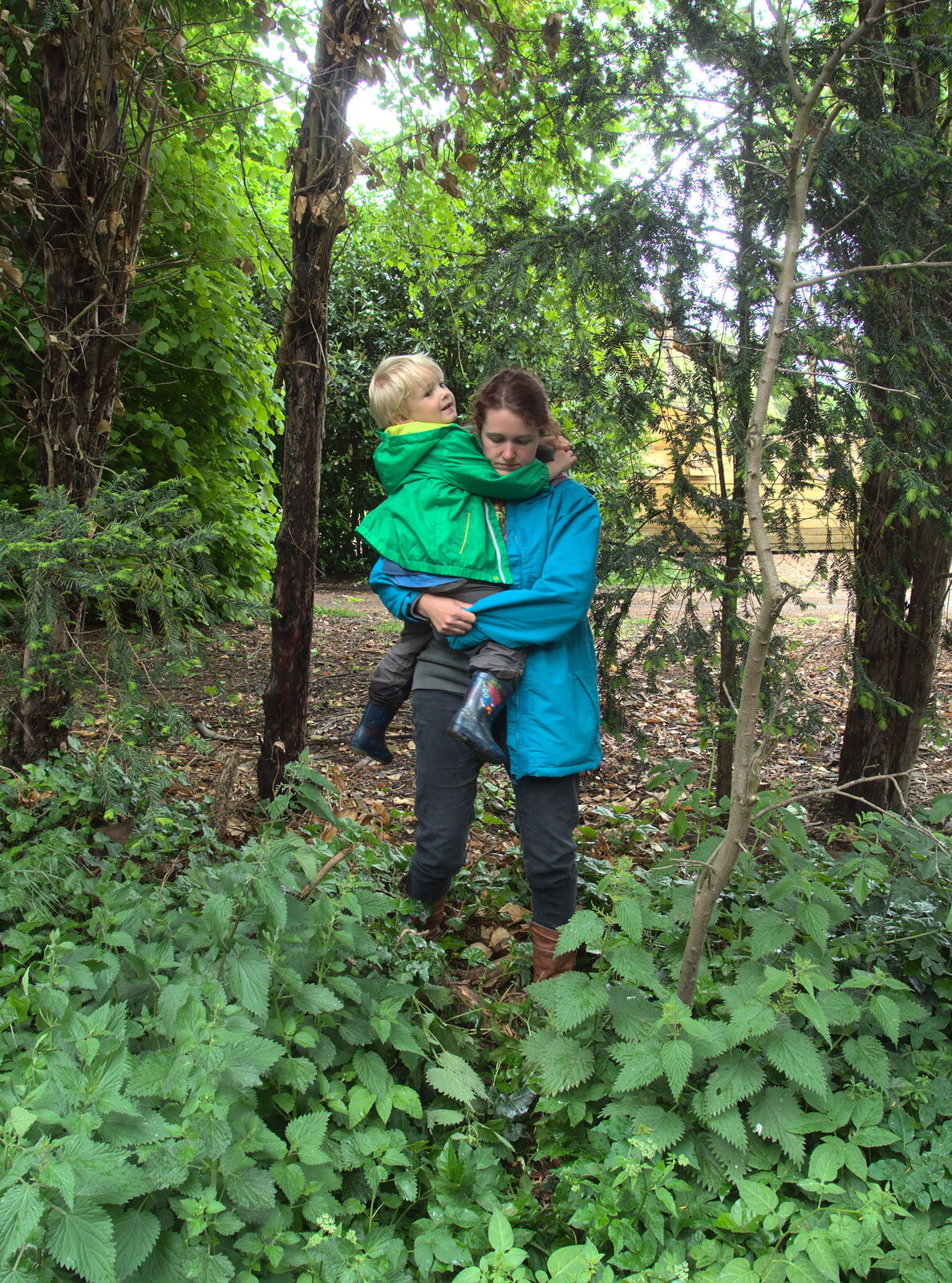 Isobel carries Harry through the nettles from Thursday BSCC Bike Rides, Thelnetham and Earl Soham, Suffolk - 31st May 2015
