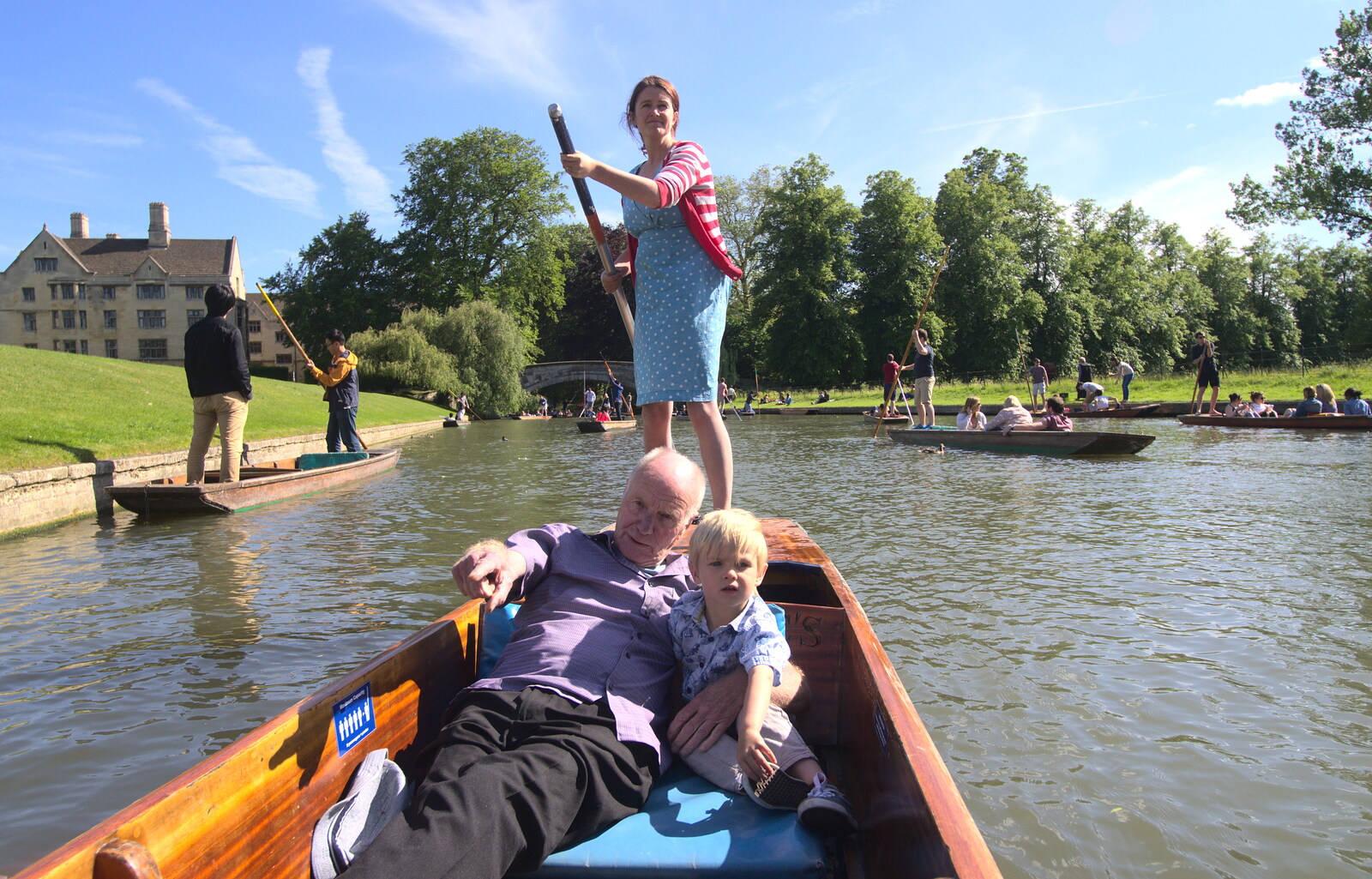 Isobel punts as Grandad and Harry look around from Punting With Grandad, Cambridge, Cambridgeshire - 6th June 2015