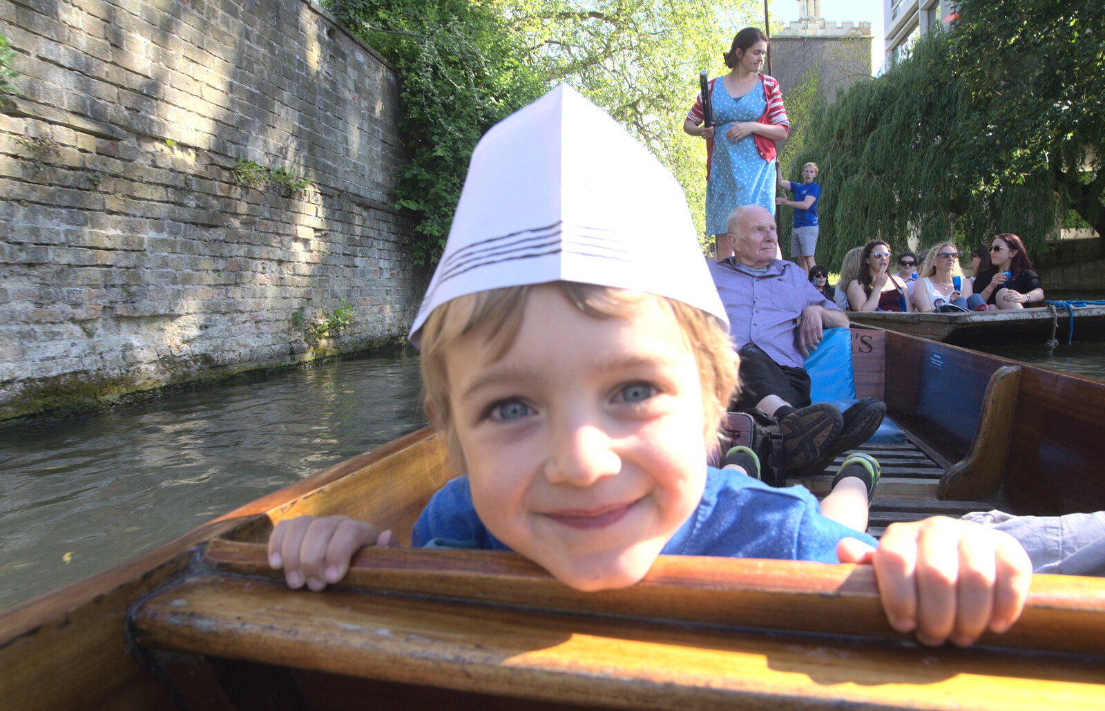 Fred with his pizza hat on from Punting With Grandad, Cambridge, Cambridgeshire - 6th June 2015