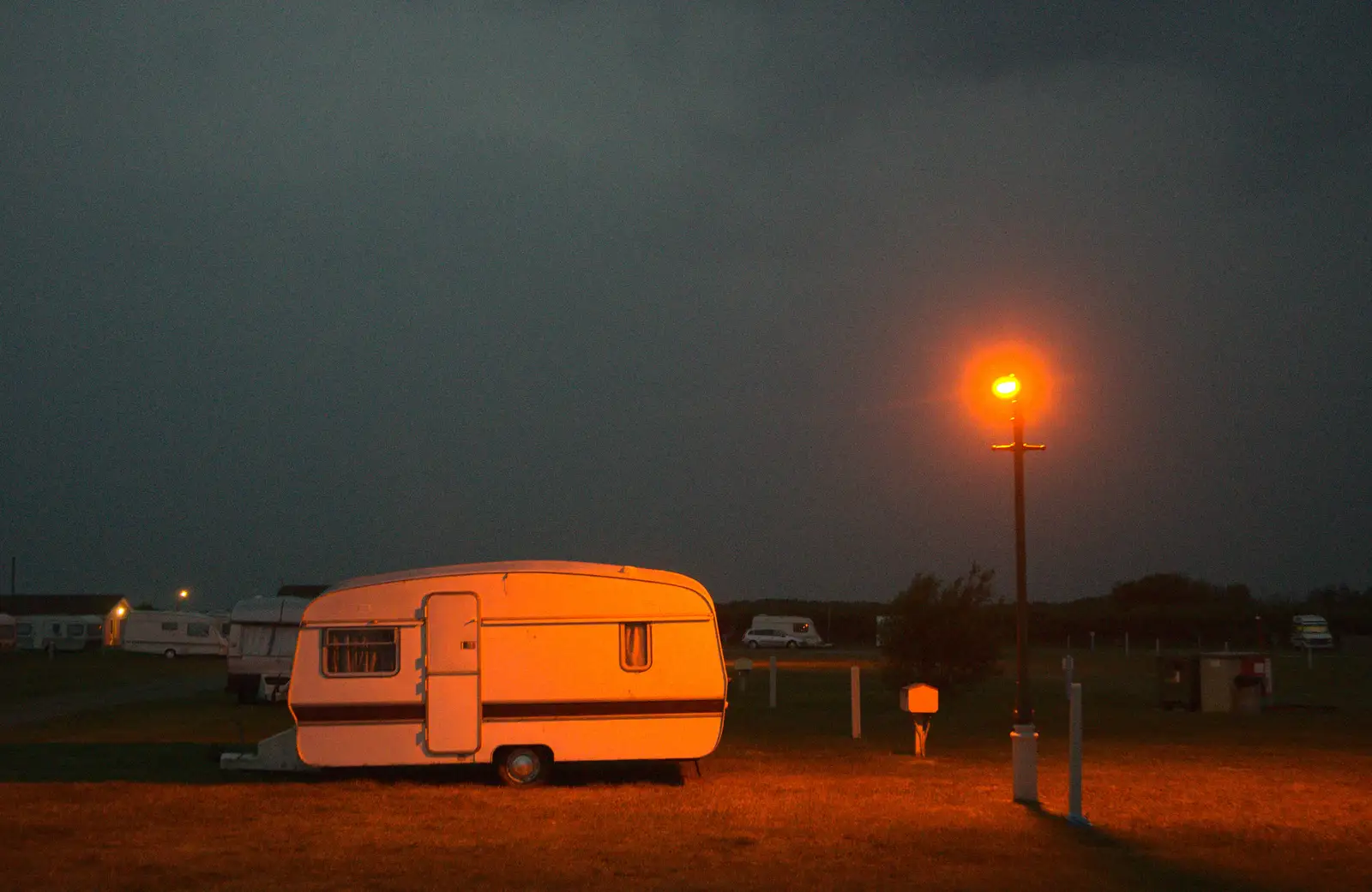 A sodium-lit caravan, from A Wet Weekend of Camping, Waxham Sands, Norfolk - 13th June 2015