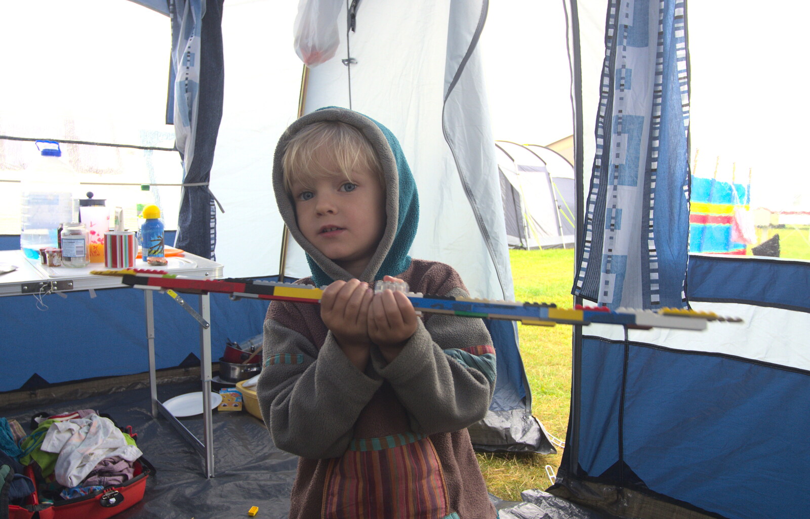 Harry makes a double sword out of Lego from A Wet Weekend of Camping, Waxham Sands, Norfolk - 13th June 2015