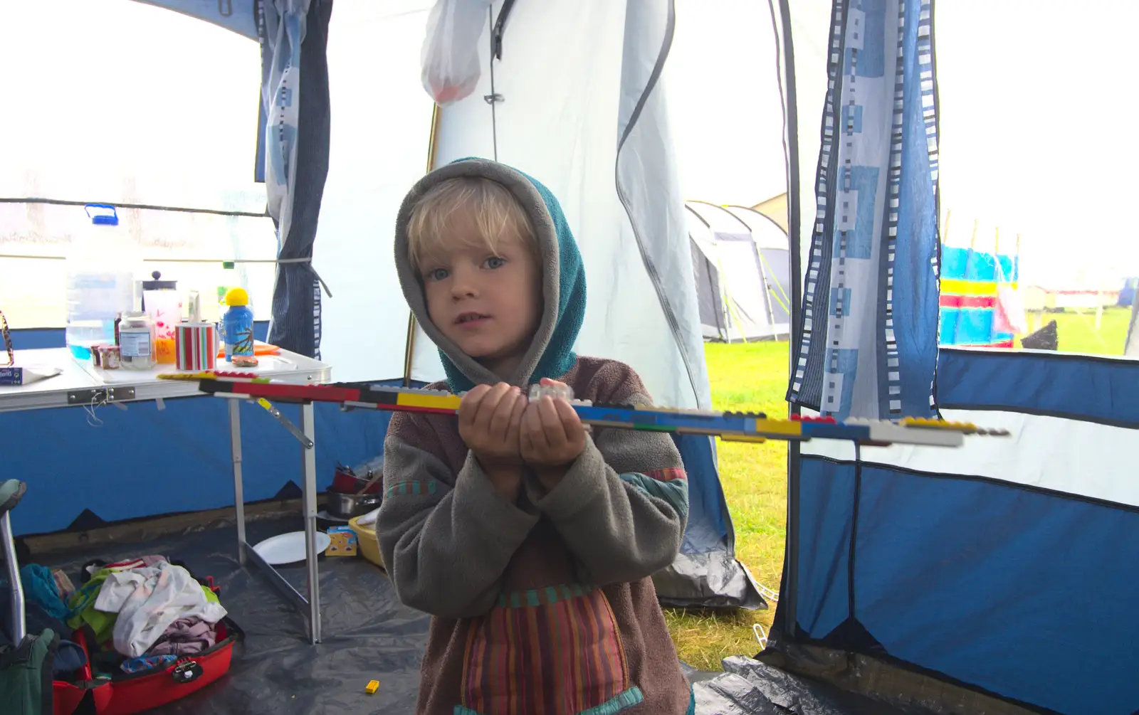 Harry makes a double sword out of Lego, from A Wet Weekend of Camping, Waxham Sands, Norfolk - 13th June 2015