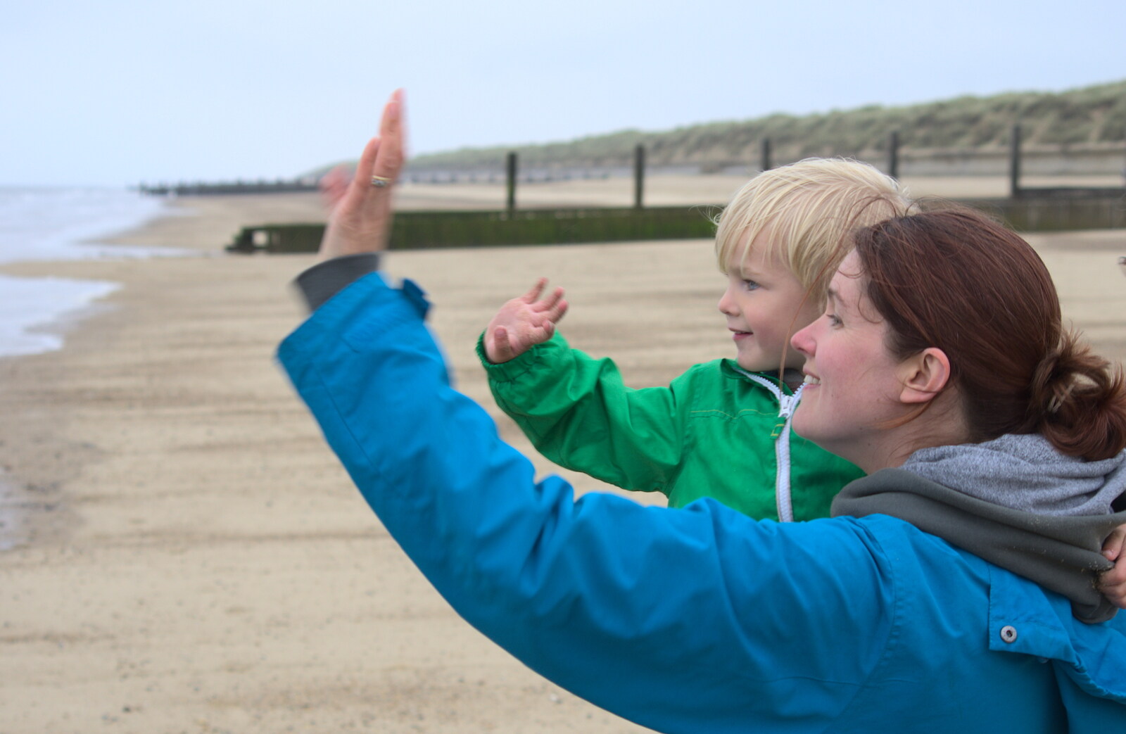 Harry and Isobel wave at the seals from A Wet Weekend of Camping, Waxham Sands, Norfolk - 13th June 2015