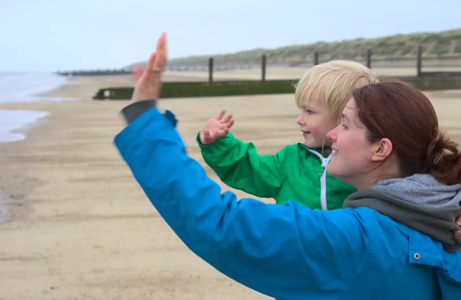 Harry and Isobel wave at the seals, from A Wet Weekend of Camping, Waxham Sands, Norfolk - 13th June 2015