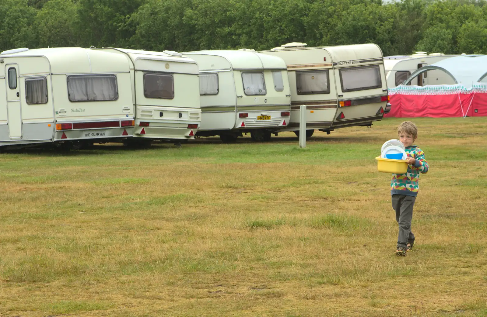 Fred brings the washing-up back, from A Wet Weekend of Camping, Waxham Sands, Norfolk - 13th June 2015